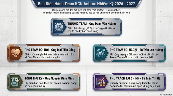 Team KCN Action nhiệm kỳ 2026–2027 là nơi hội tụ các CEO, chủ doanh nghiệp và nhà thầu trong hệ sinh thái khu công nghiệp. Mỗi thành viên là một mảnh ghép quan trọng, mỗi ngành nghề là một cơ hội bổ trợ và mỗi buổi họp là một bước hành động để tạo ra kết quả thật.